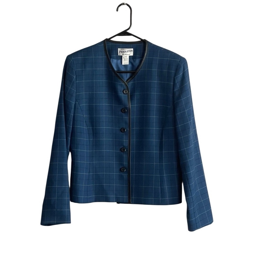VTG Pendleton Blazer Womens 6 Blue Wool Windowpane Button Classic Old Money